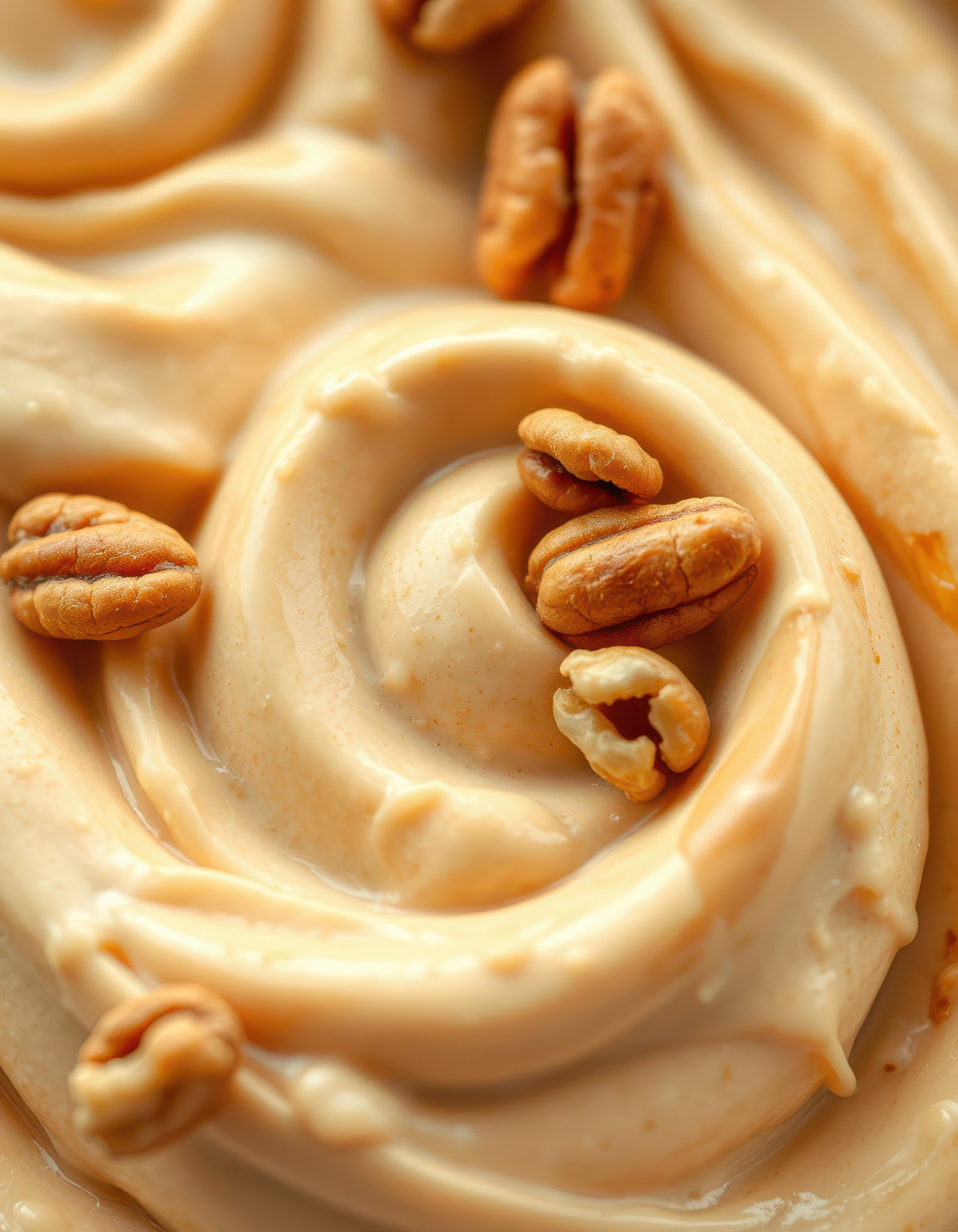 Creamy nutty dessert swirl with pecans arranged beautifully on top